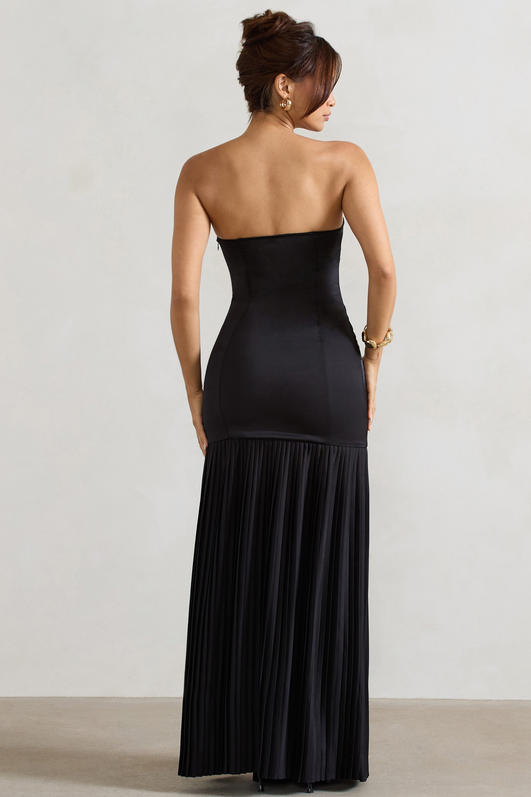 Confidence Black Satin Bandeau Pleated Split Maxi Dress