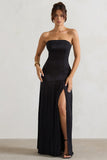 Confidence Black Satin Bandeau Pleated Split Maxi Dress