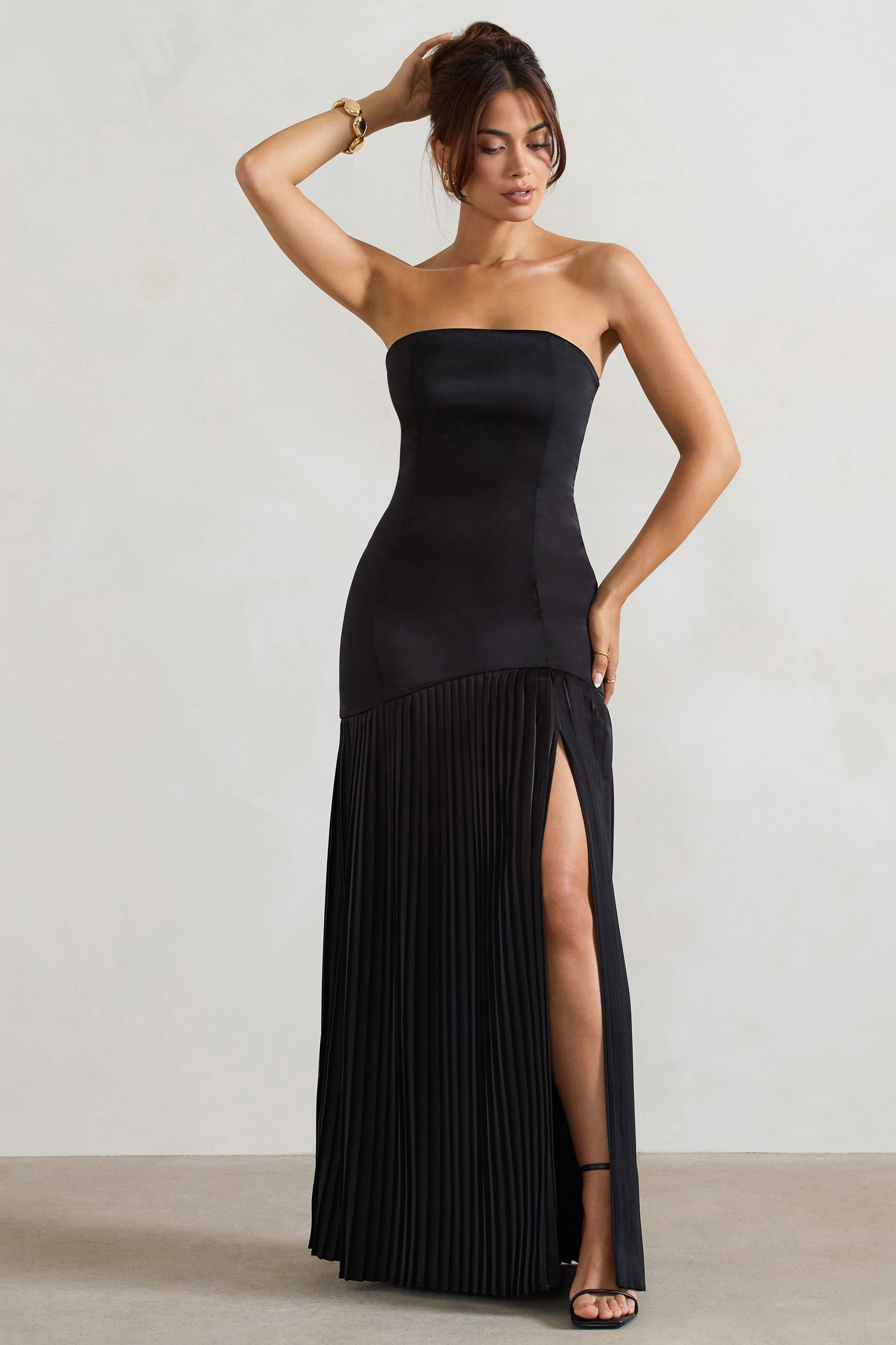 Confidence Black Satin Bandeau Pleated Split Maxi Dress