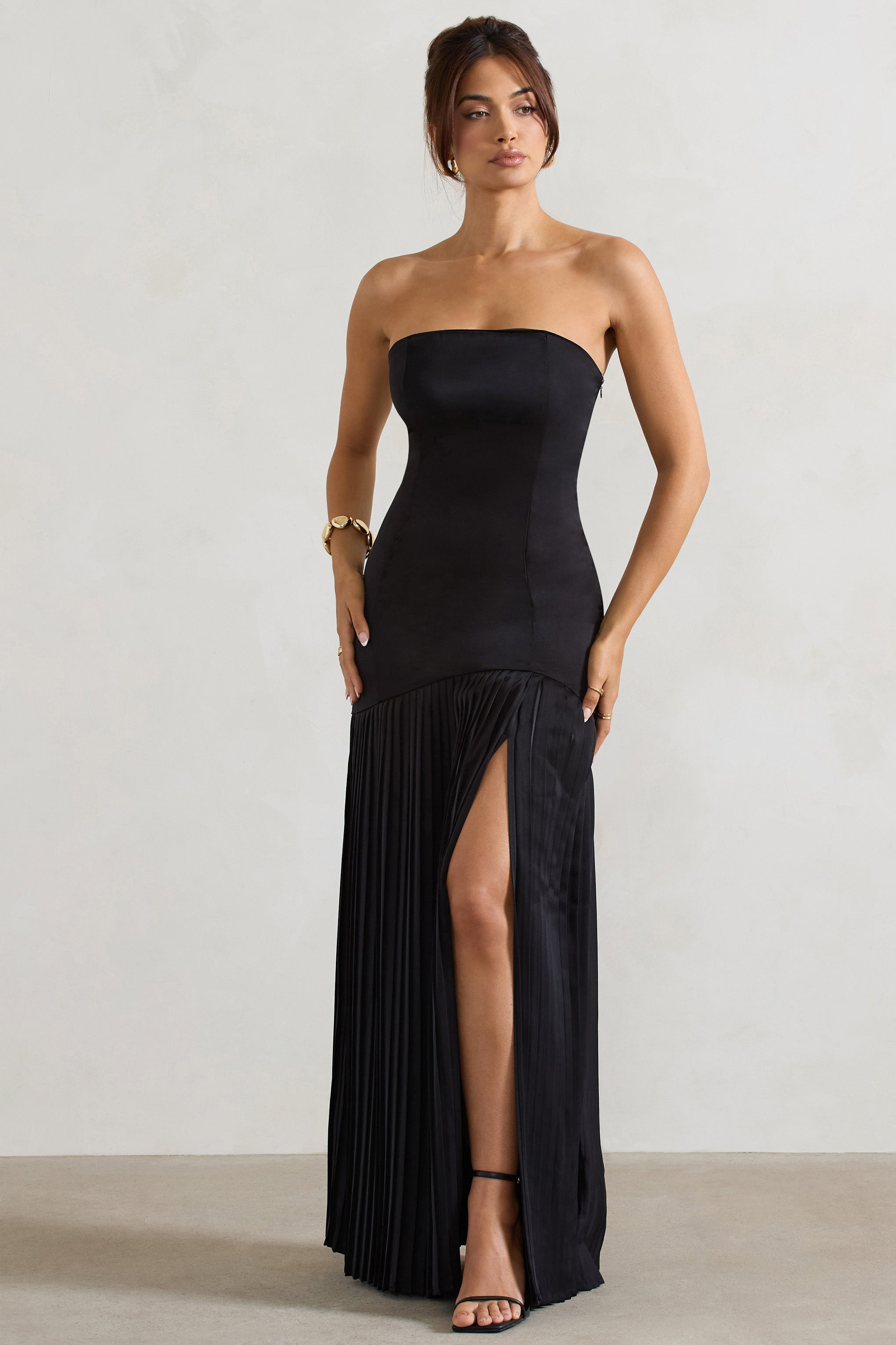 Confidence Black Satin Bandeau Pleated Split Maxi Dress