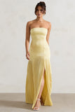 Confidence Lemon Satin Bandeau Pleated Split Maxi Dress