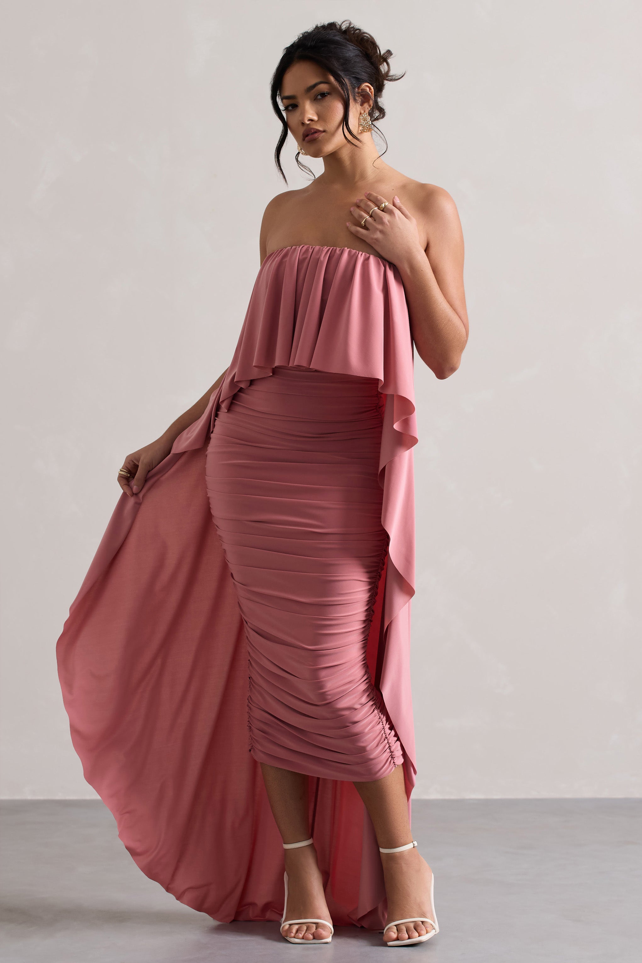 Upon A Time Blush Ruched Bandeau Midi Dress With Cape