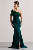 Fused Bottle Green Asymmetric Bardot Split Maxi Dress