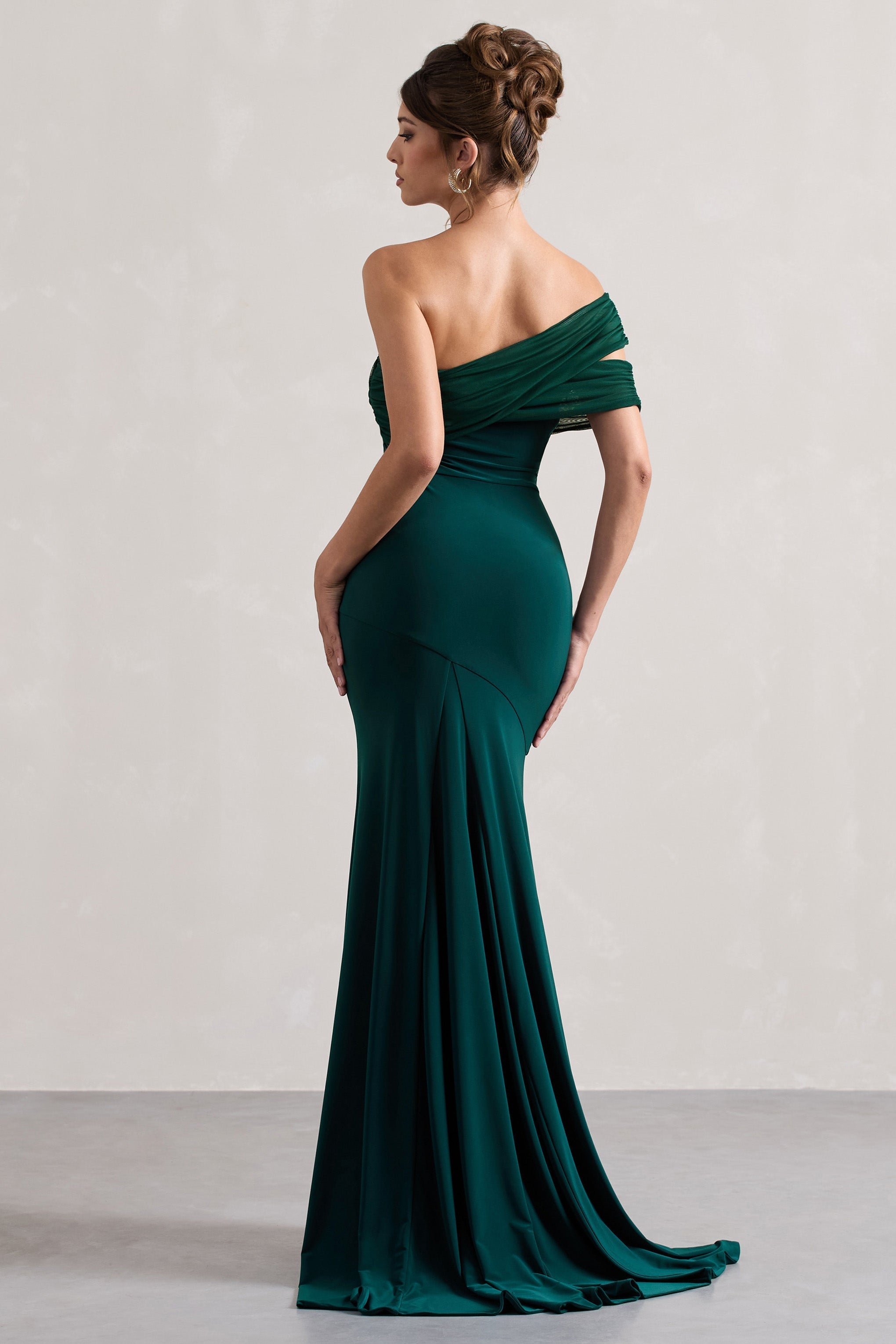 Fused Bottle Green Asymmetric Bardot Split Maxi Dress
