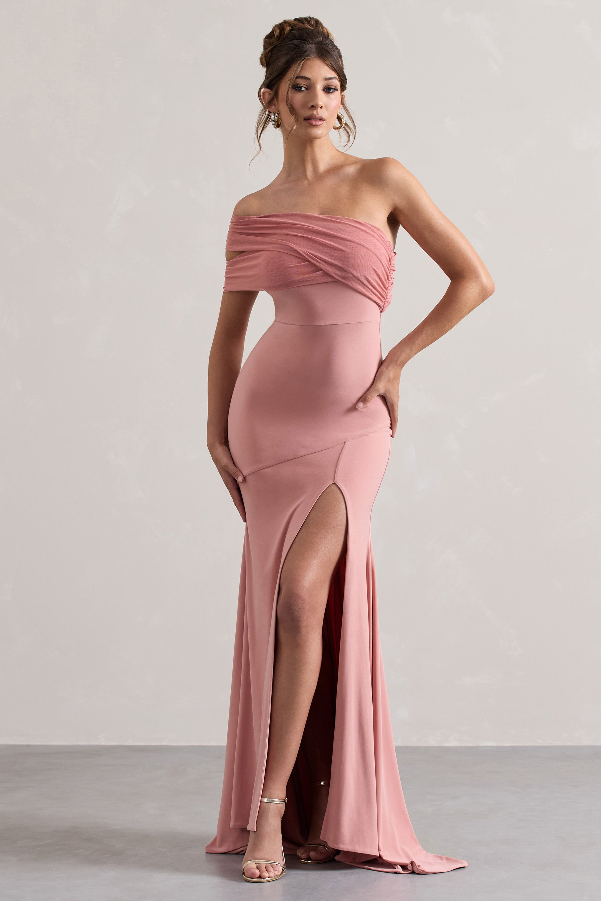 Fused Blush Asymmetric Bardot Split Maxi Dress