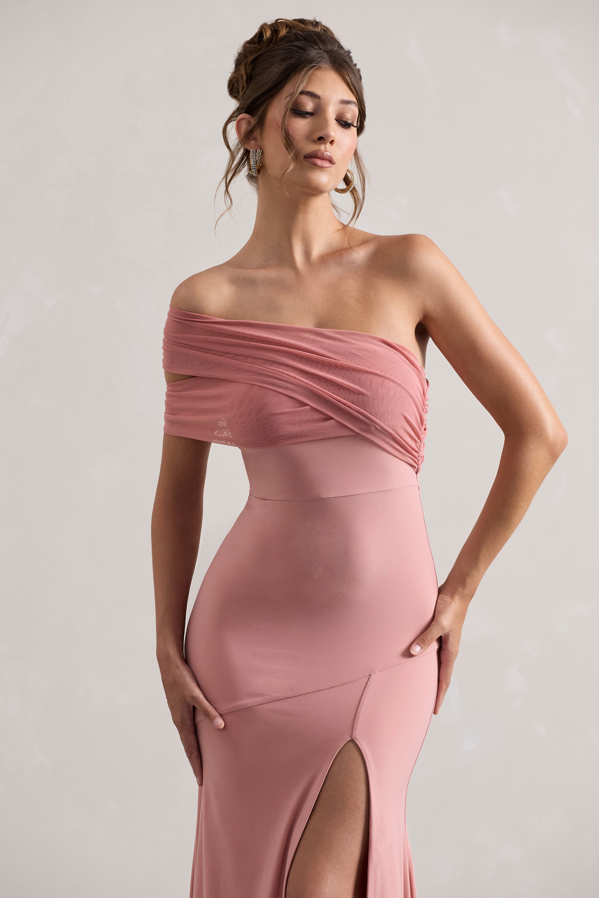 Fused Blush Asymmetric Bardot Split Maxi Dress