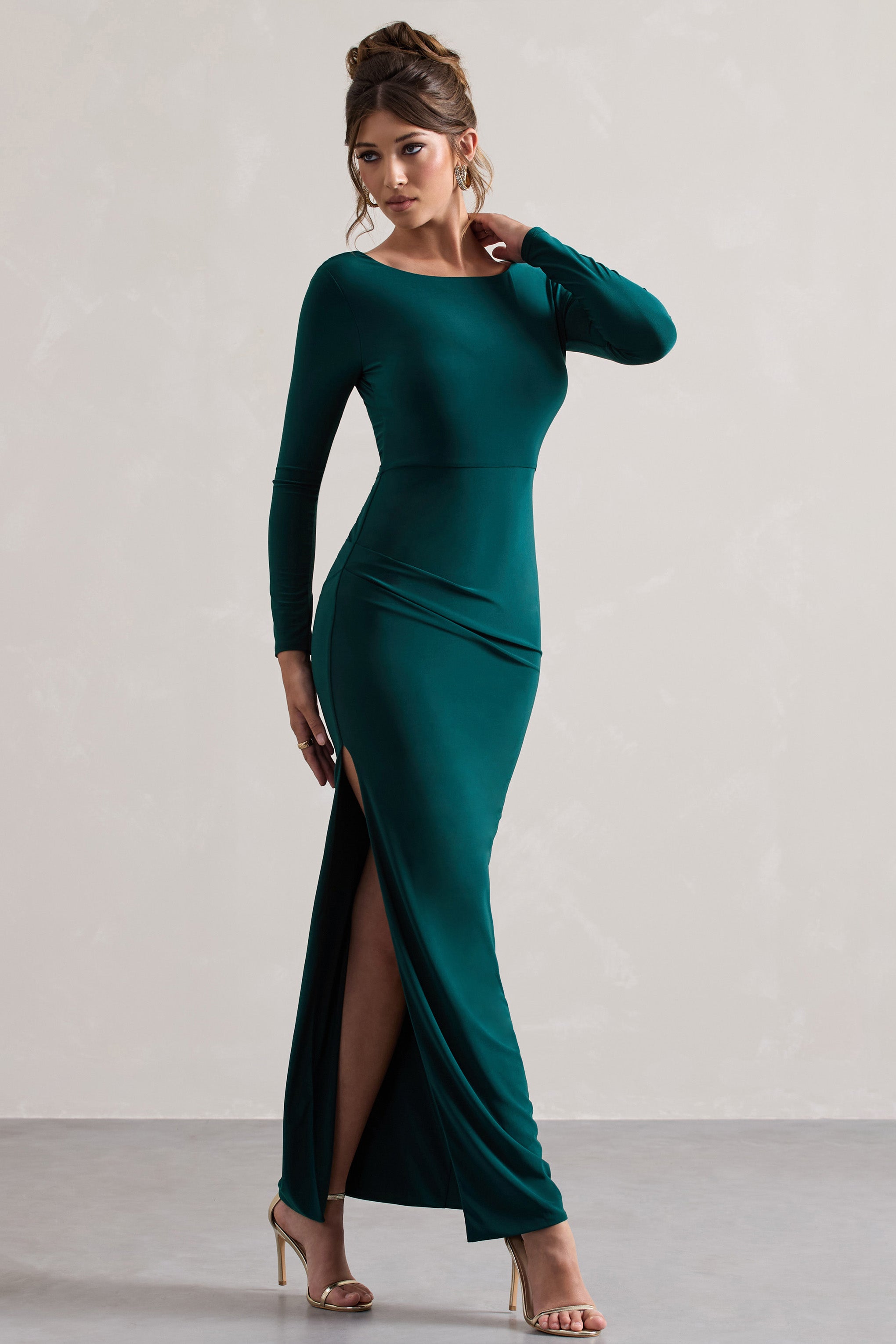 Virgo Bottle Green Cowl-Back Long-Sleeve Split Maxi Dress