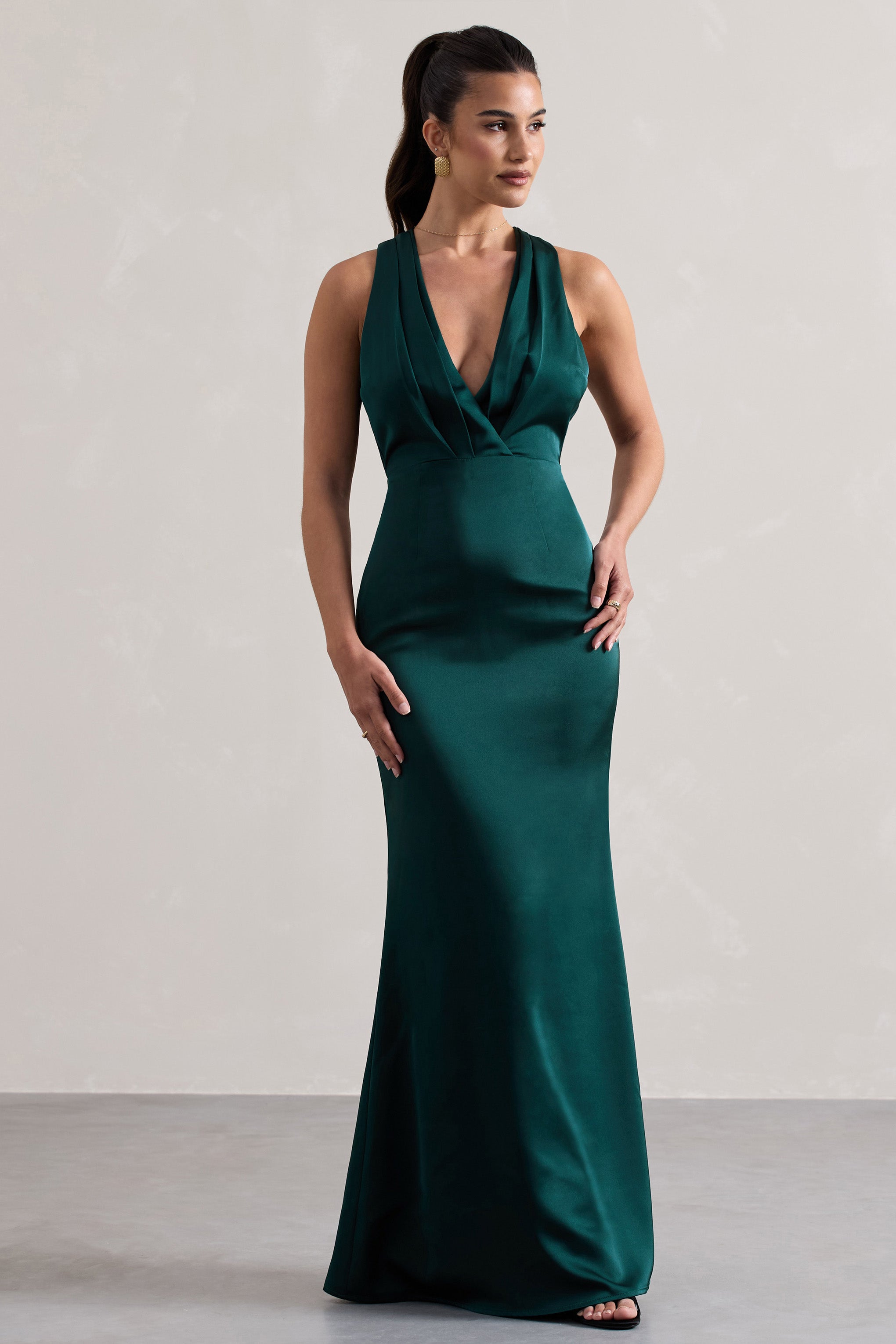 Tiffany Bottle Green Satin Plunge-Neck Maxi Dress