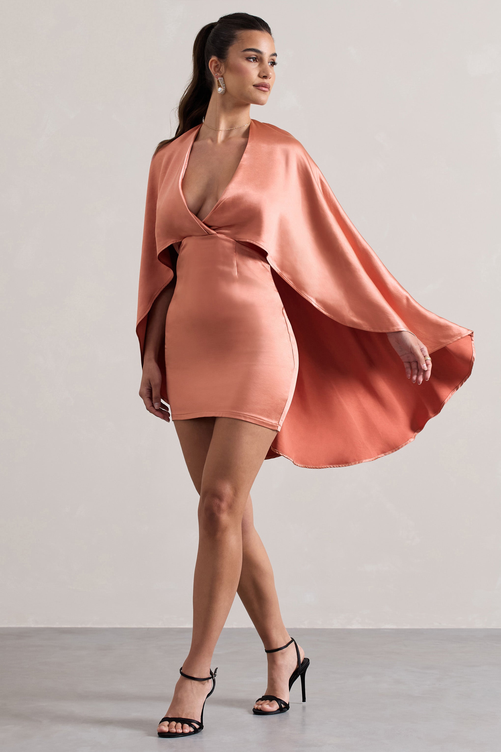 Olsen Coral Satin Plunge-Neck Cape Mini Dress