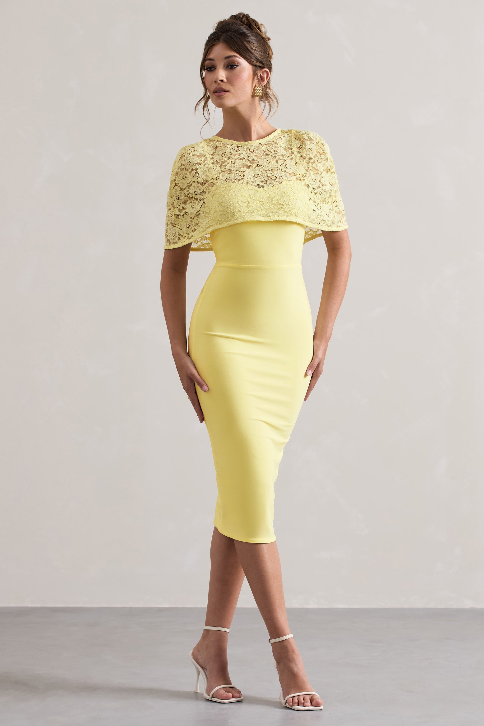 Claudette Lemon Bodycon Midi Dress With Lace Overlay