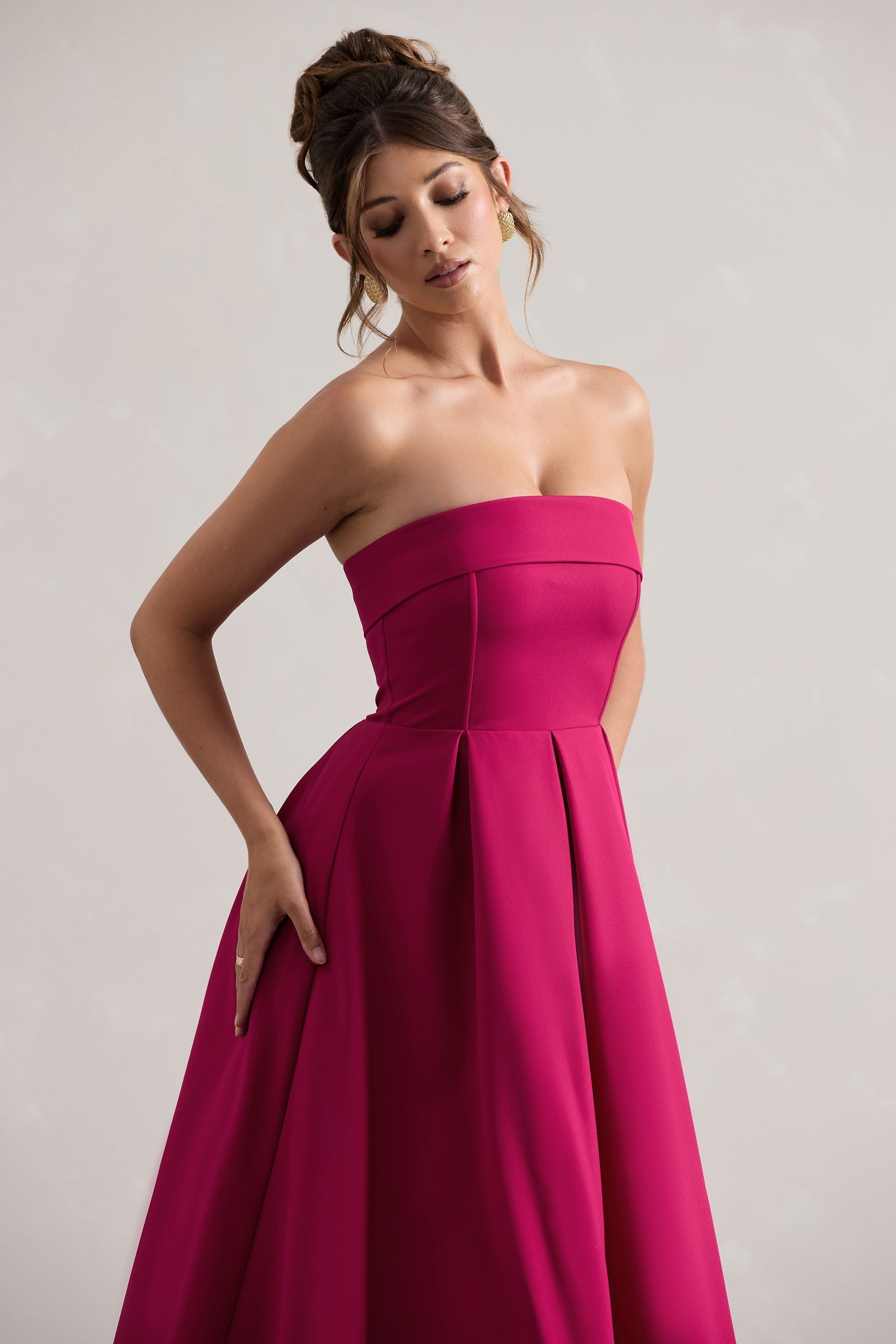 Annalise Hot Pink Bandeau Skater Midi Dress