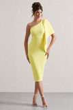 Carlana Lemon Asymmetric Midi Dress With Ruffled Drape