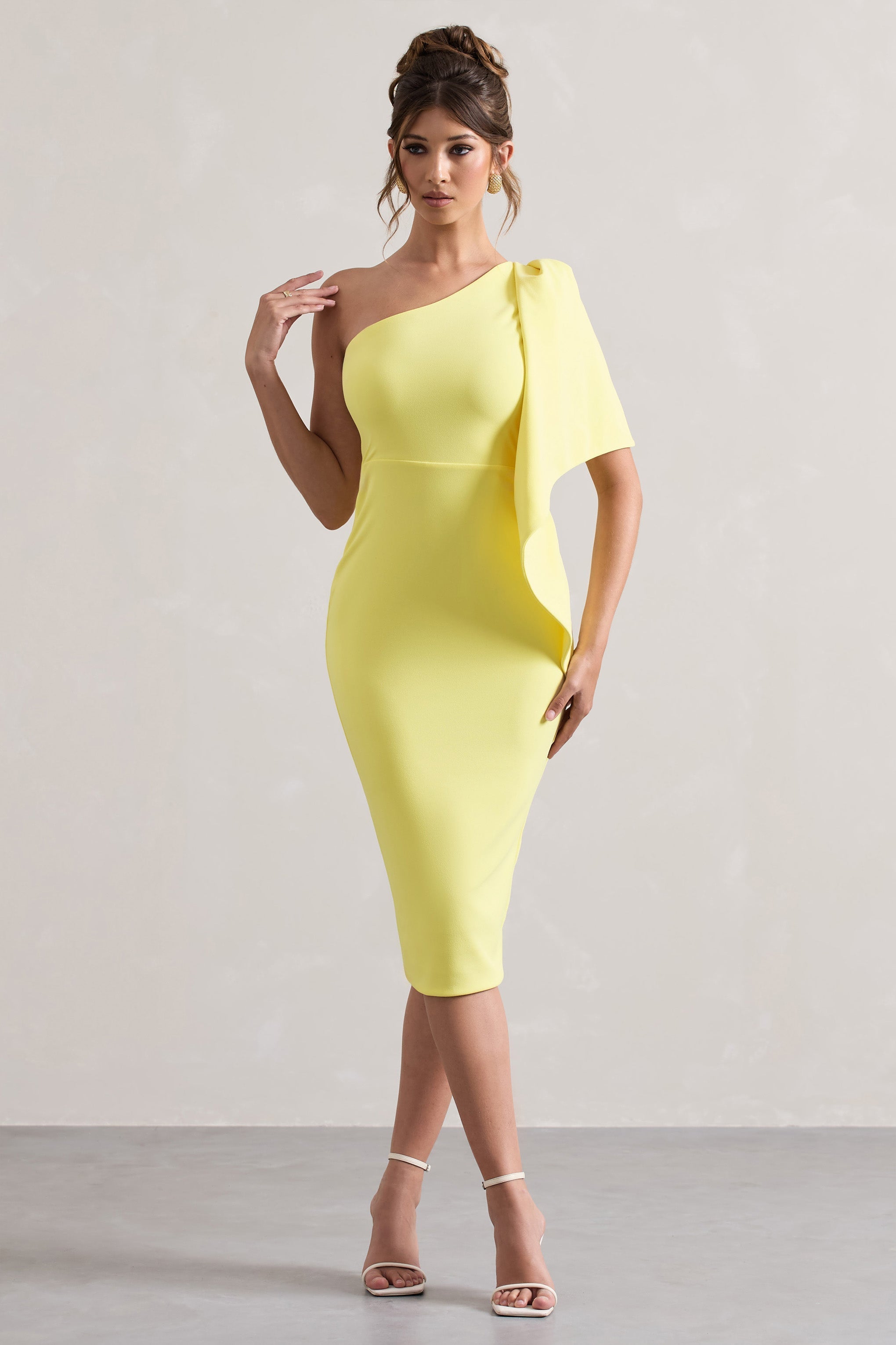 Carlana Lemon Asymmetric Midi Dress With Ruffled Drape