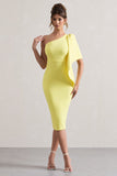 Carlana Lemon Asymmetric Midi Dress With Ruffled Drape