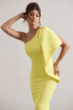 Carlana Lemon Asymmetric Midi Dress With Ruffled Drape