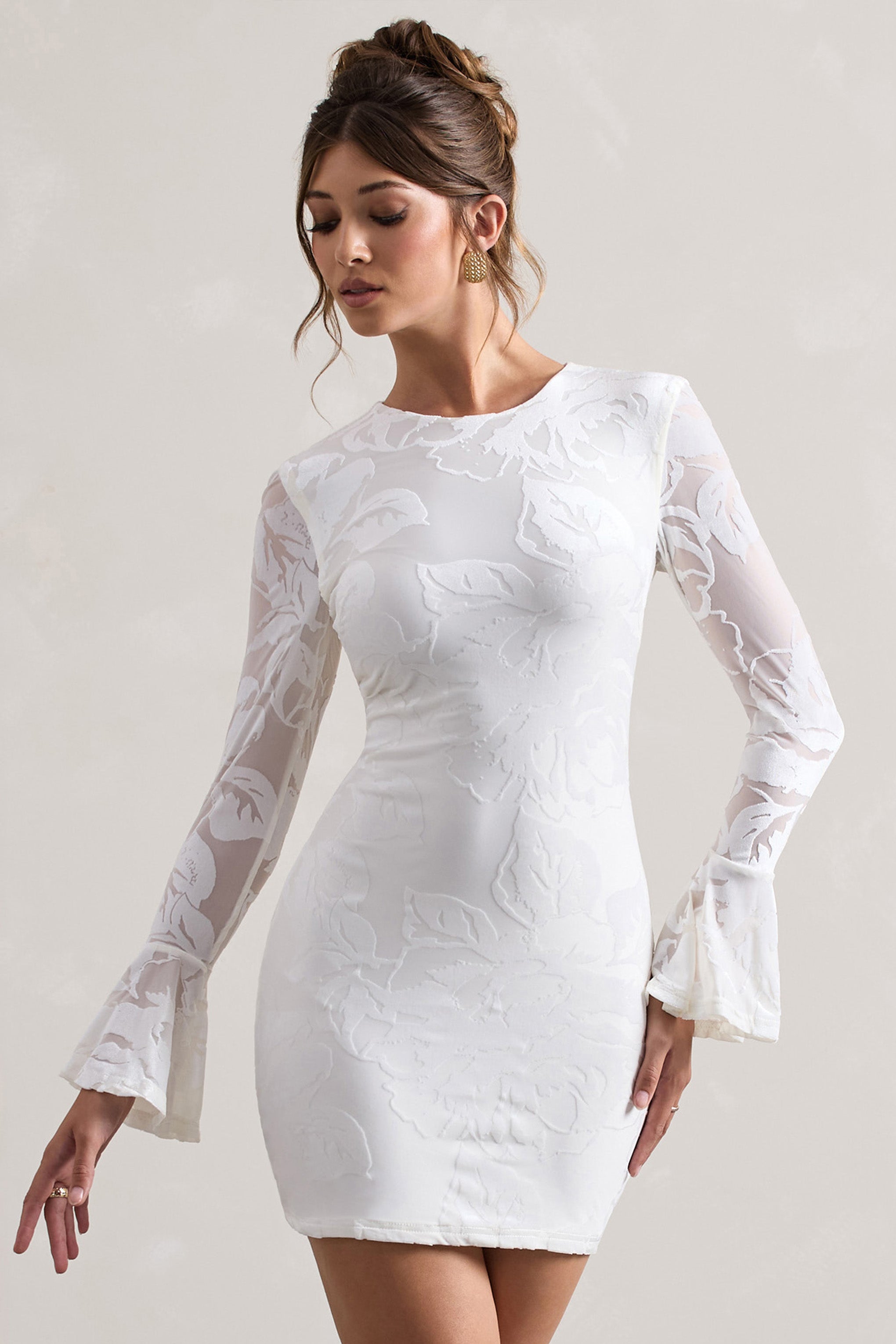 Della White Bodycon Flared-Sleeve Micro Mini Dress