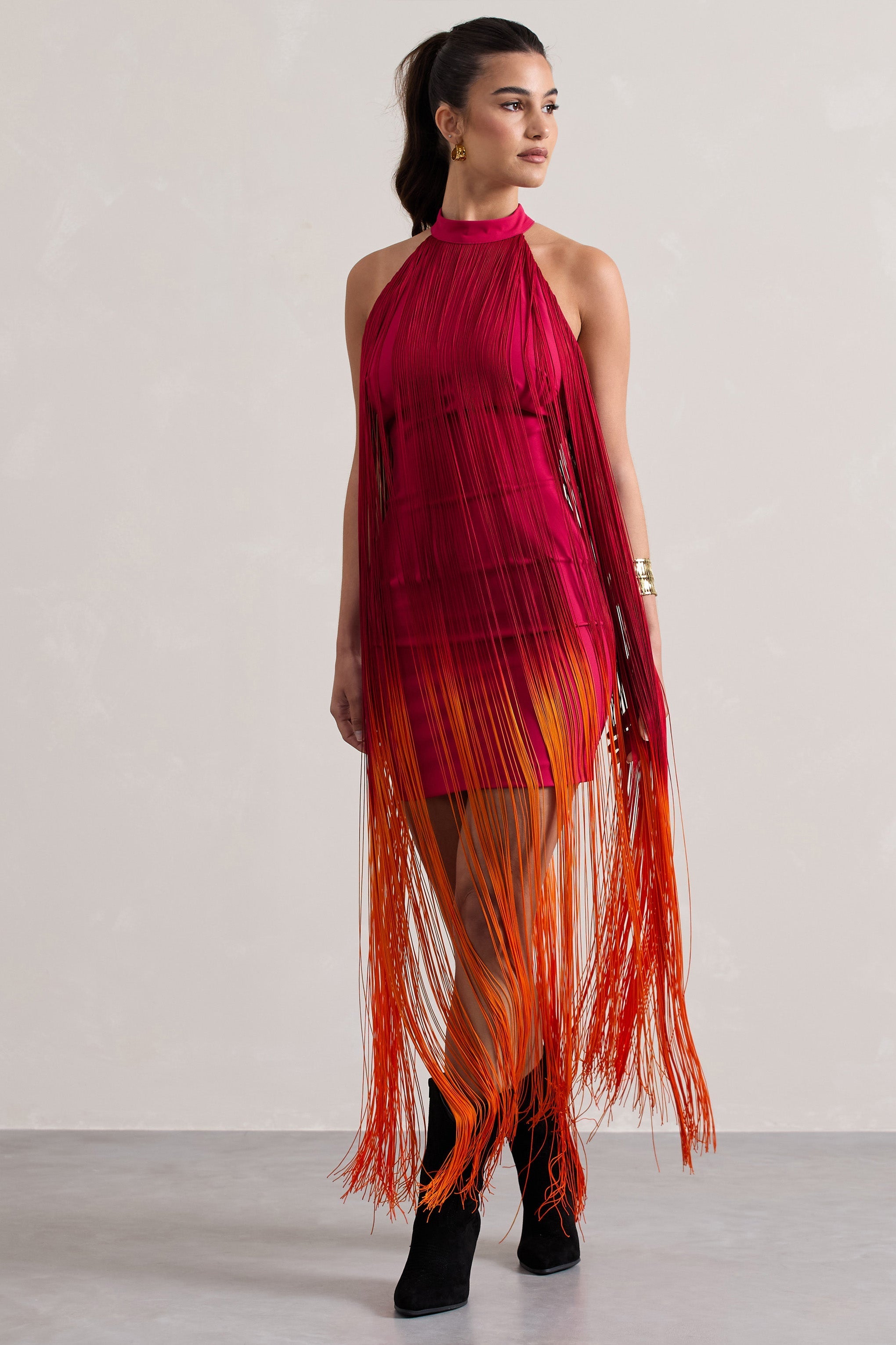 Arizona Pink & Orange Ombre Fringe High-Neck Mini Dress