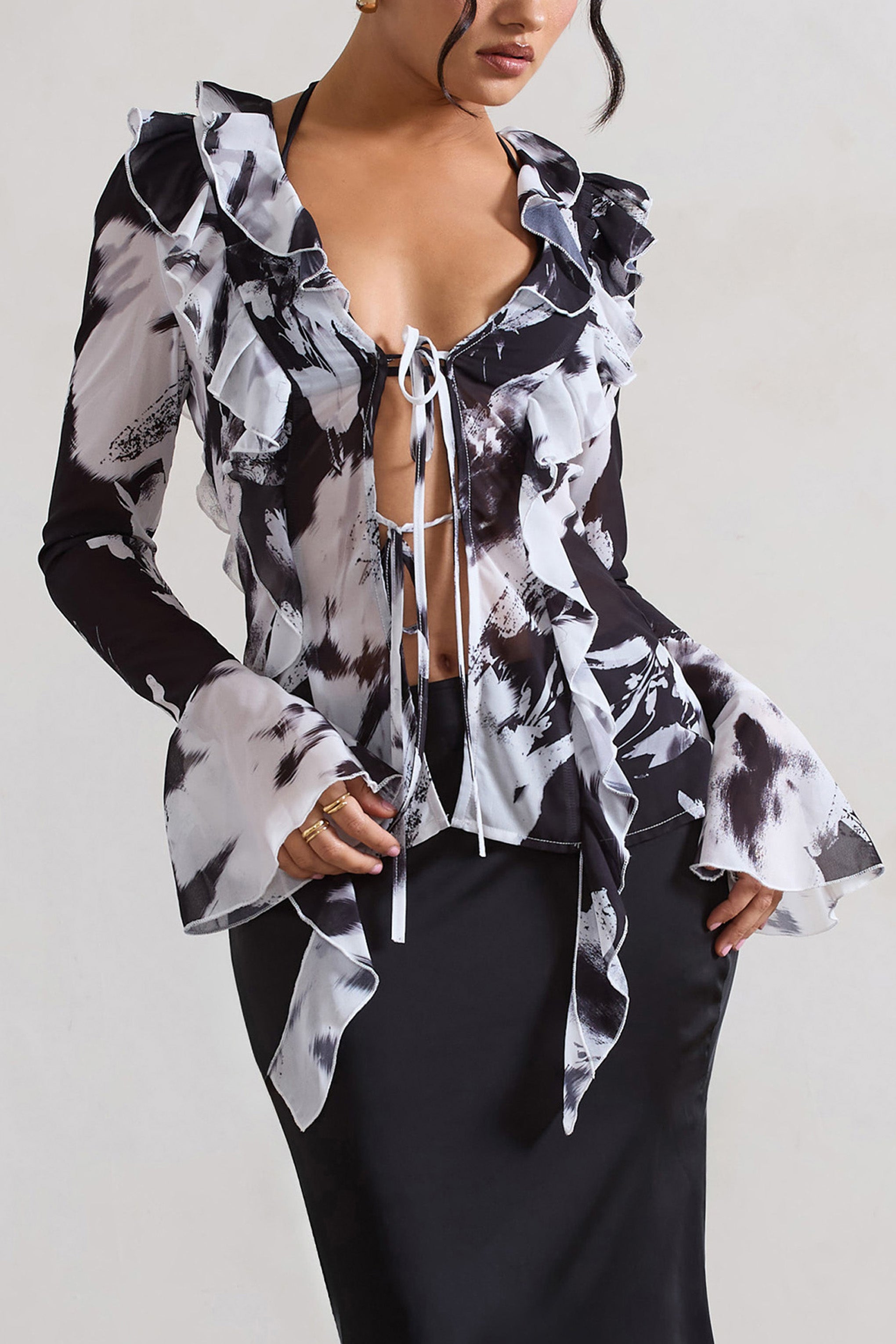Milan Monochrome Floral Print Ruffle Tie-Front Blouse