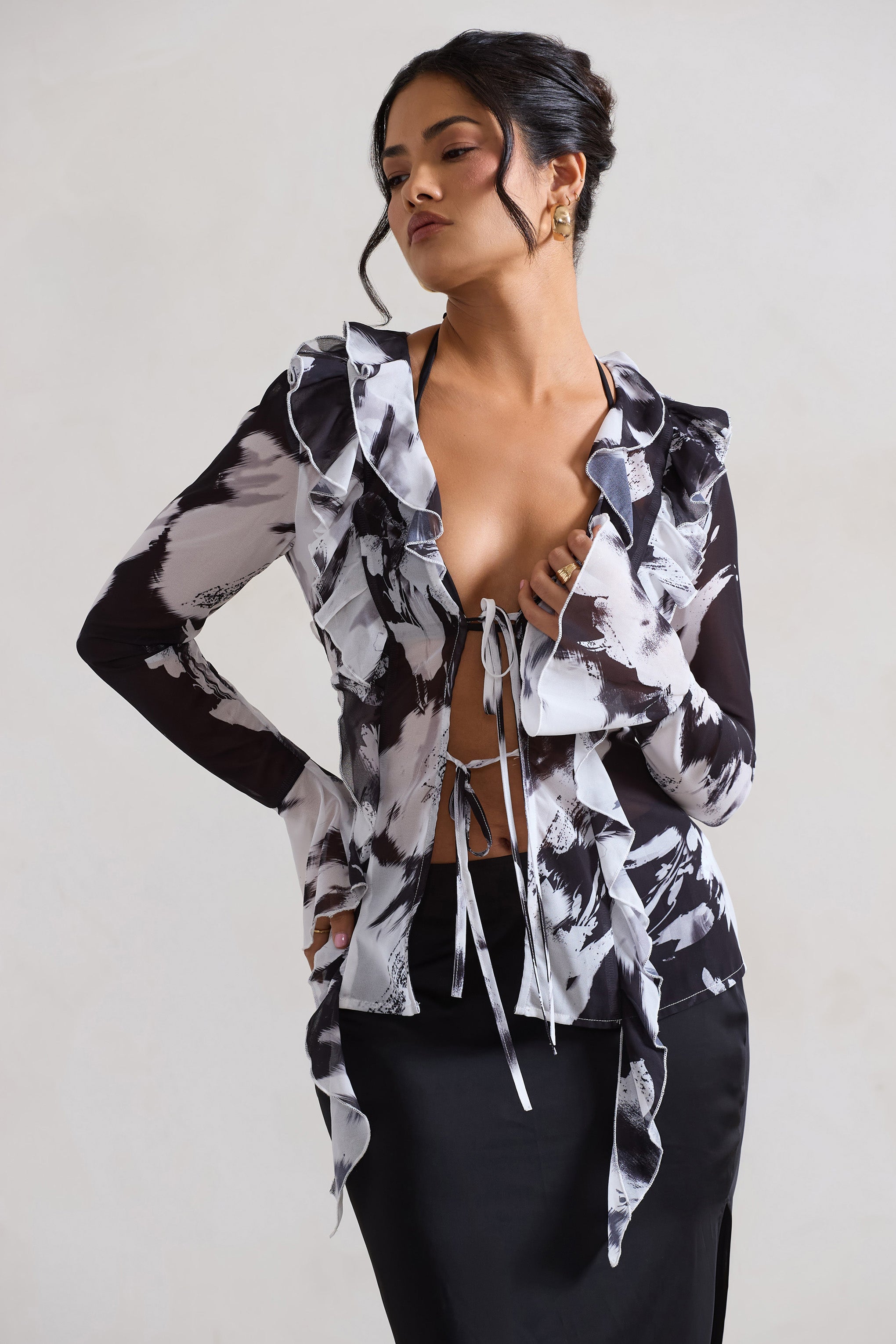 Milan Monochrome Floral Print Ruffle Tie-Front Blouse