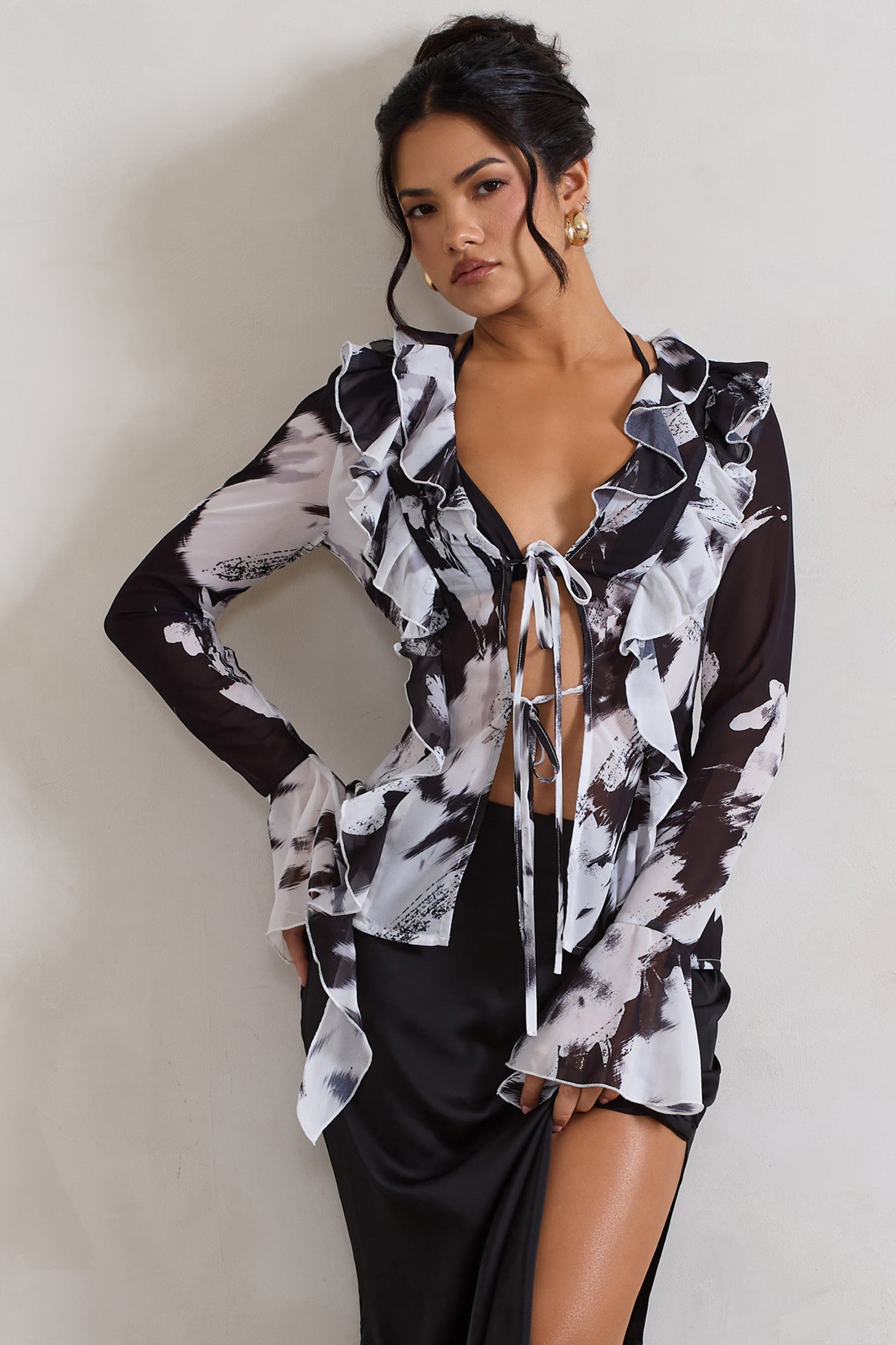 Milan Monochrome Floral Print Ruffle Tie-Front Blouse