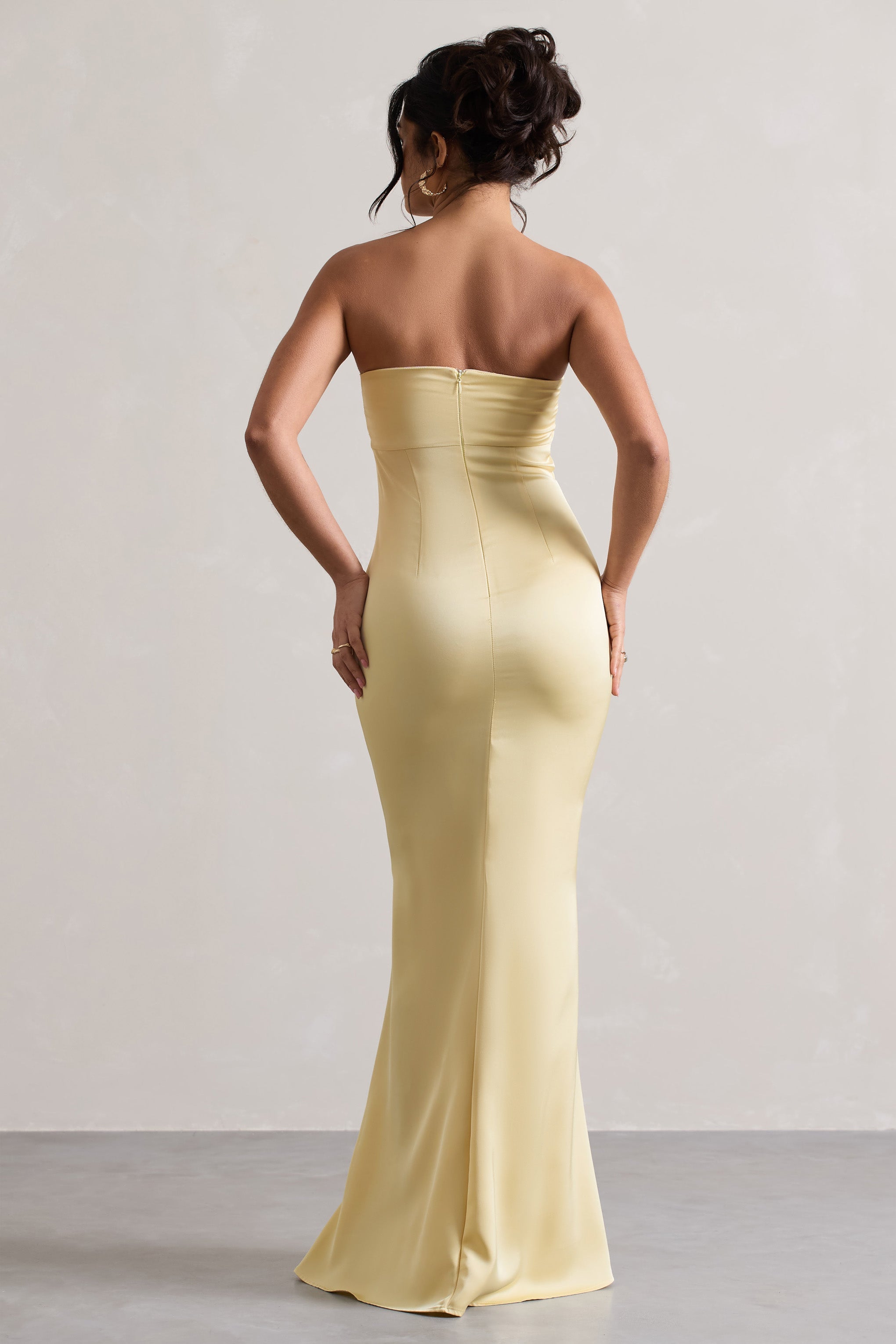 Colada Lemon Satin Pleated Bandeau Maxi Dress