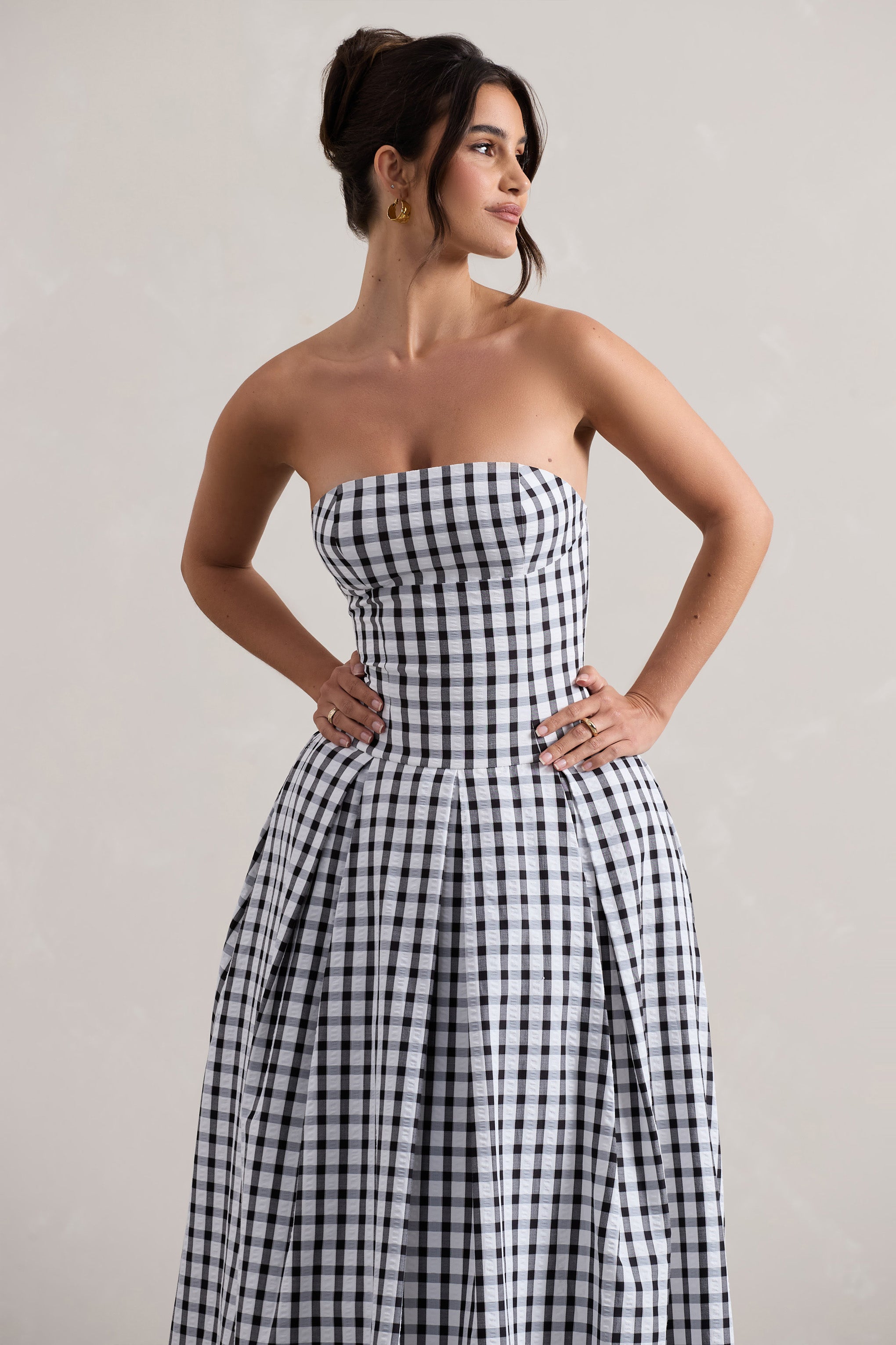 Maisy Black & White Gingham Strapless Maxi Dress