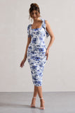 Cordelia Floral Print Bodycon Midi Dress With Bow Straps