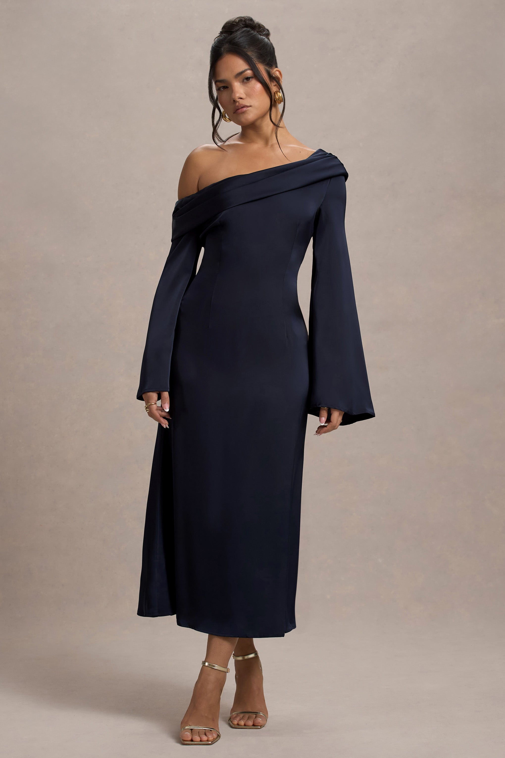 Astral Navy Satin Asymmetric Flared-Sleeve Midi Dress