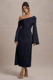 Astral Navy Satin Asymmetric Flared-Sleeve Midi Dress
