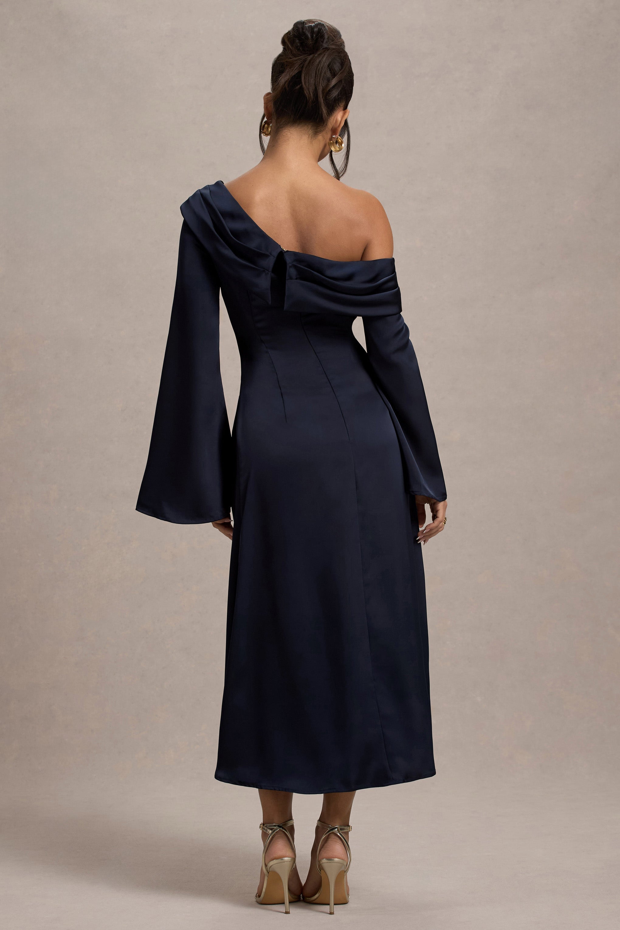 Astral Navy Satin Asymmetric Flared-Sleeve Midi Dress
