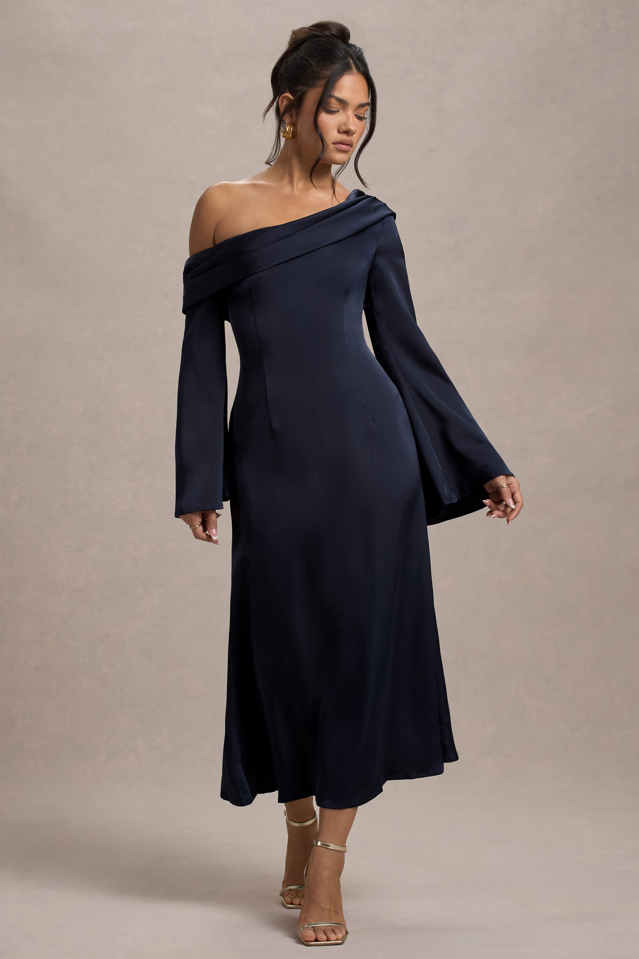 Astral Navy Satin Asymmetric Flared-Sleeve Midi Dress