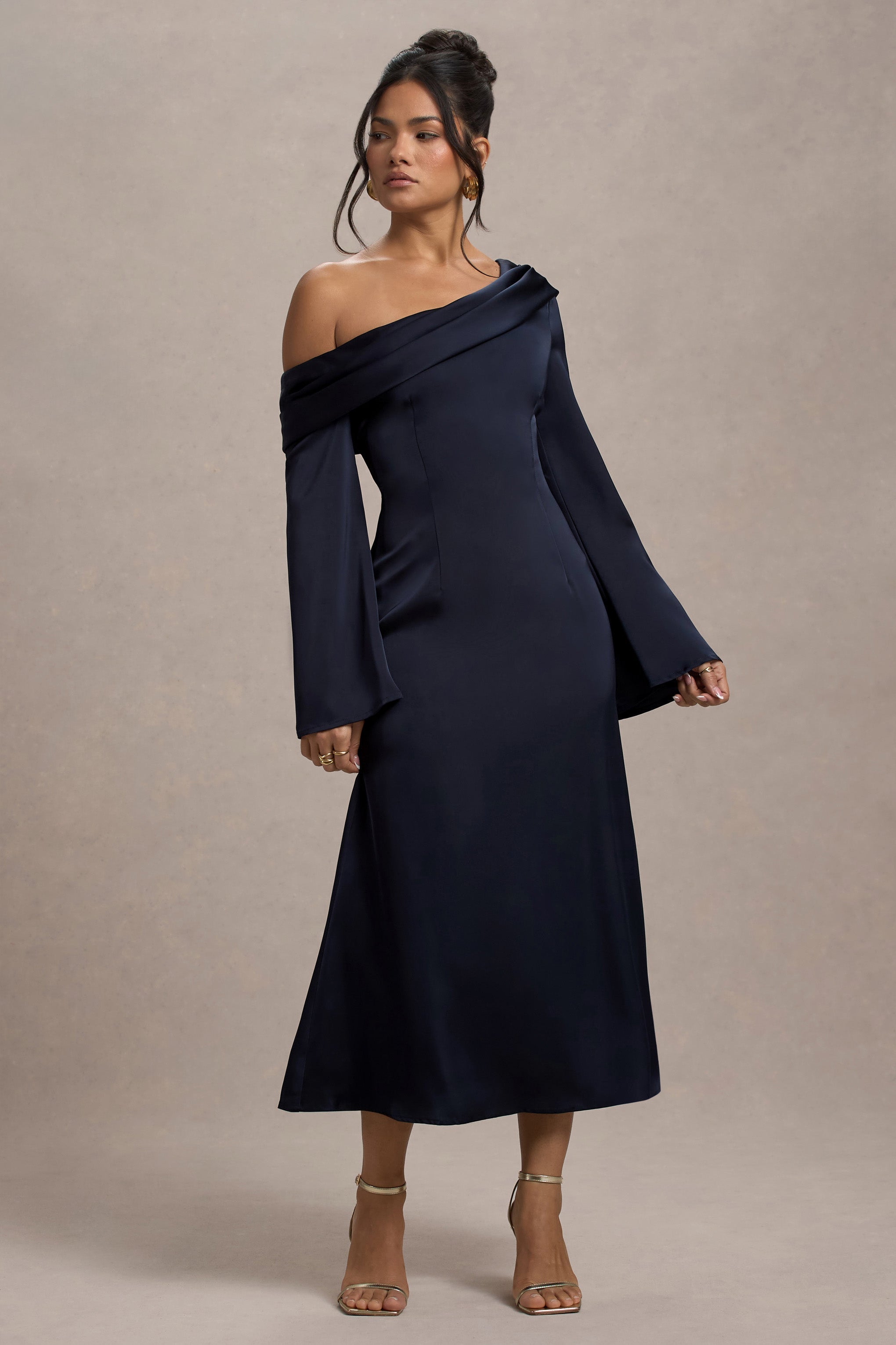 Astral Navy Satin Asymmetric Flared-Sleeve Midi Dress