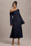Astral Navy Satin Asymmetric Flared-Sleeve Midi Dress