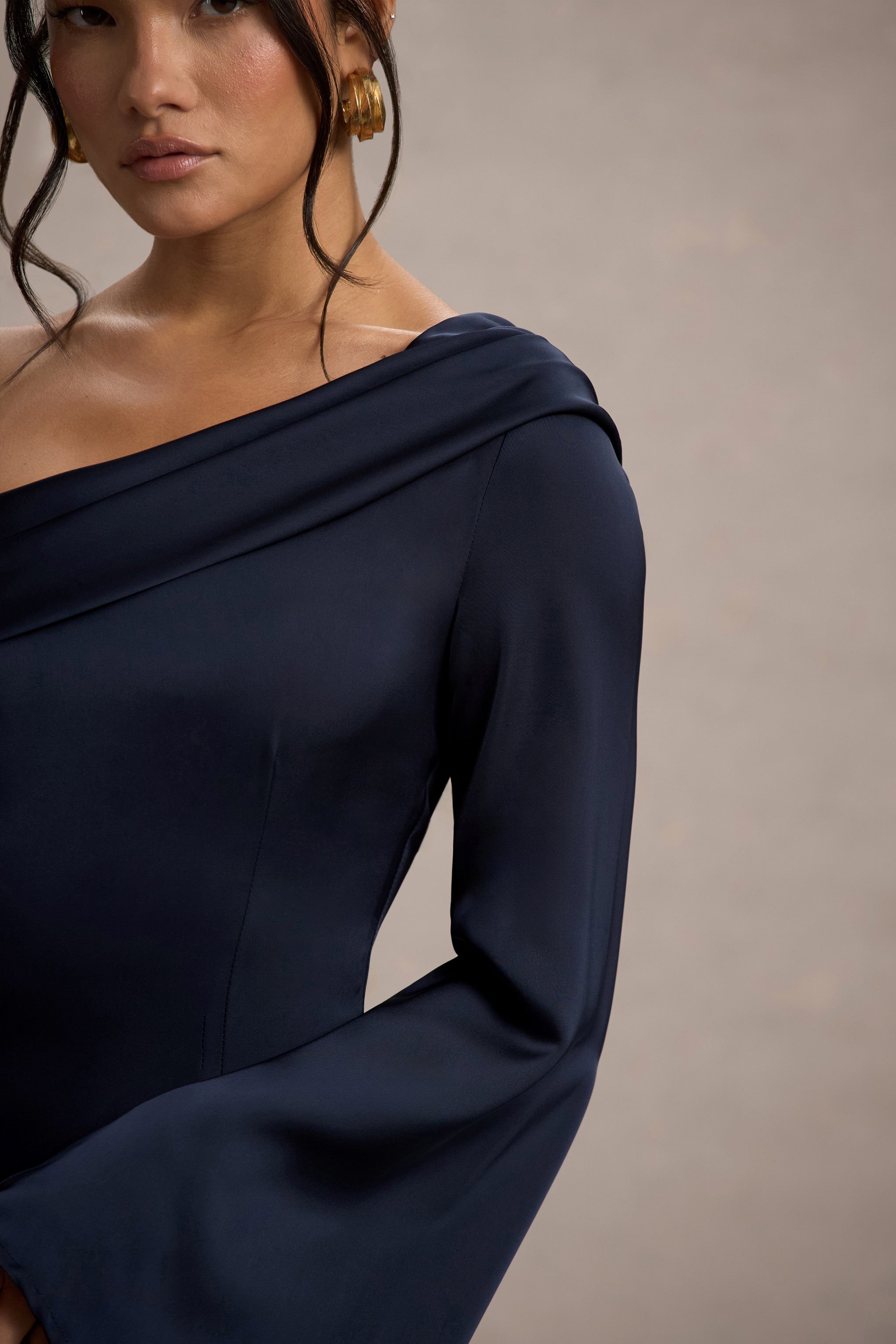 Astral Navy Satin Asymmetric Flared-Sleeve Midi Dress