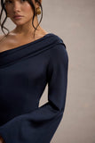 Astral Navy Satin Asymmetric Flared-Sleeve Midi Dress