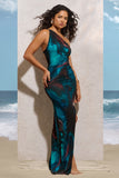 Dayna Blue Print One-Shoulder Split Maxi Dress