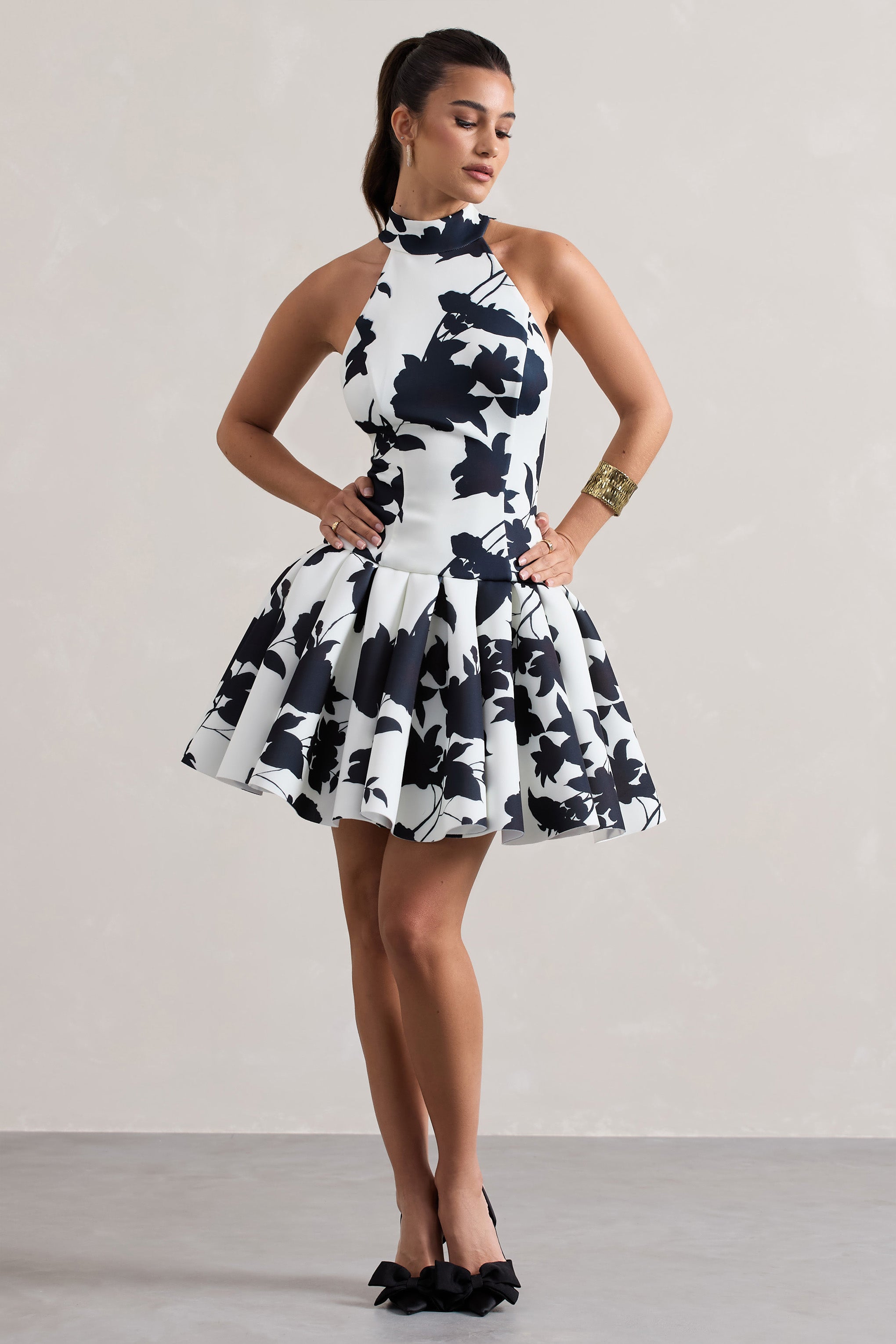 Masterpiece Cream Floral Print High-Neck Mini Dress With Volume Hem
