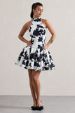 Masterpiece Cream Floral Print High-Neck Mini Dress With Volume Hem