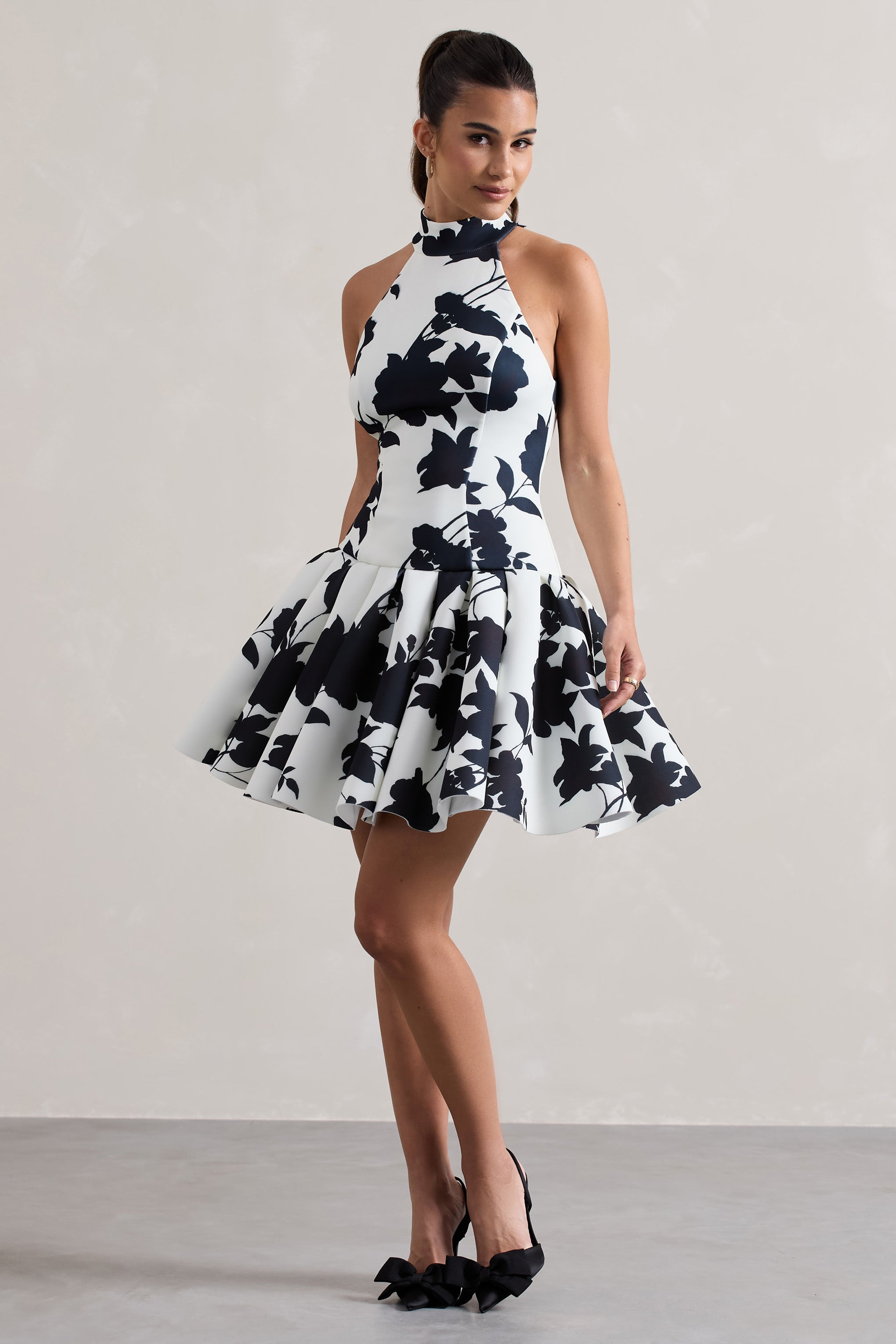 Masterpiece Cream Floral Print High-Neck Mini Dress With Volume Hem