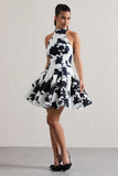 Masterpiece Cream Floral Print High-Neck Mini Dress With Volume Hem