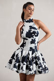 Masterpiece Cream Floral Print High-Neck Mini Dress With Volume Hem