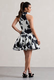 Masterpiece Cream Floral Print High-Neck Mini Dress With Volume Hem