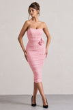 Lille Pink Polka Dot Ruched Mesh Strapless Midi Dress With Corsage