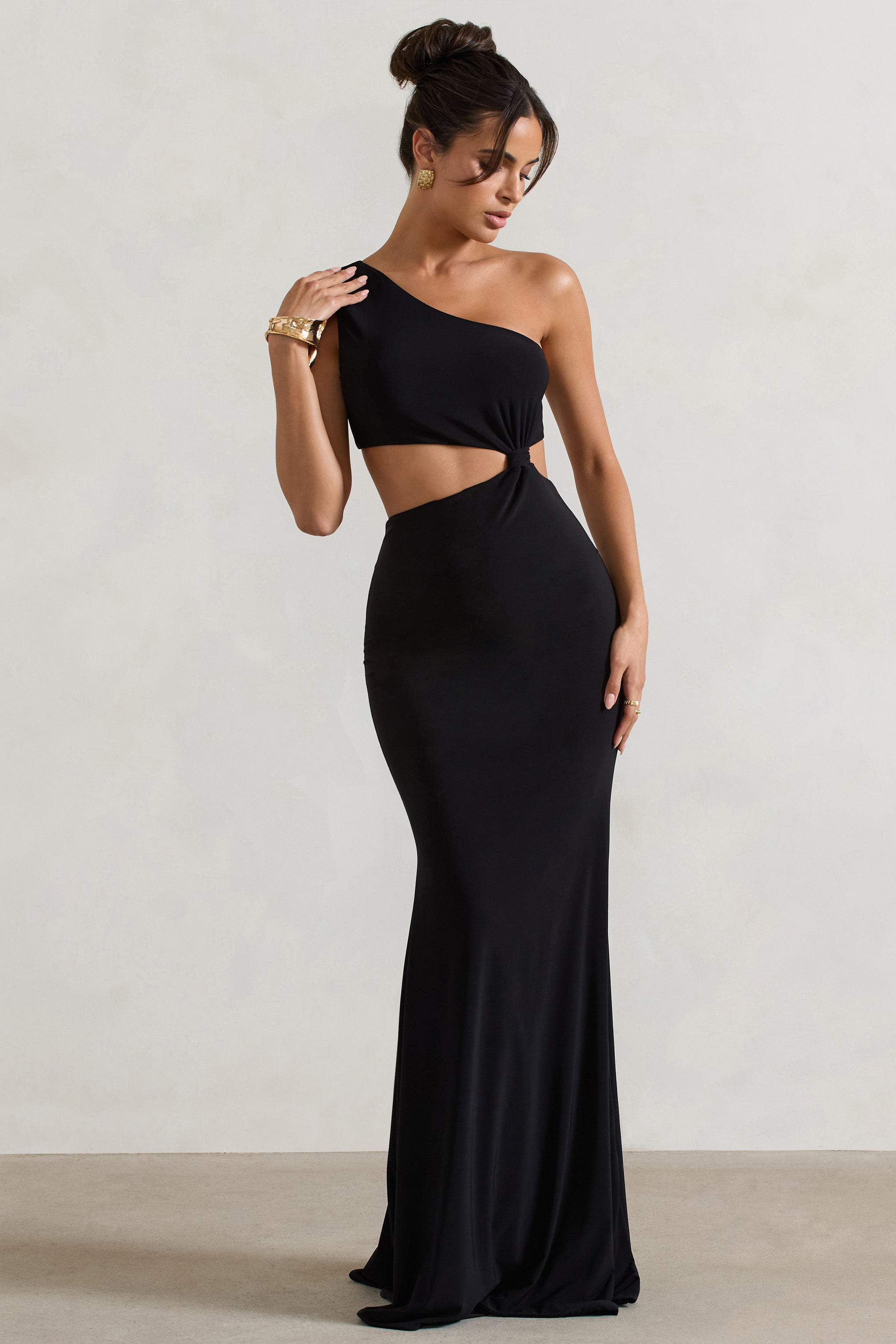 Aspyn Black Asymmetric Twisted Cut-Out Fishtail Maxi Dress