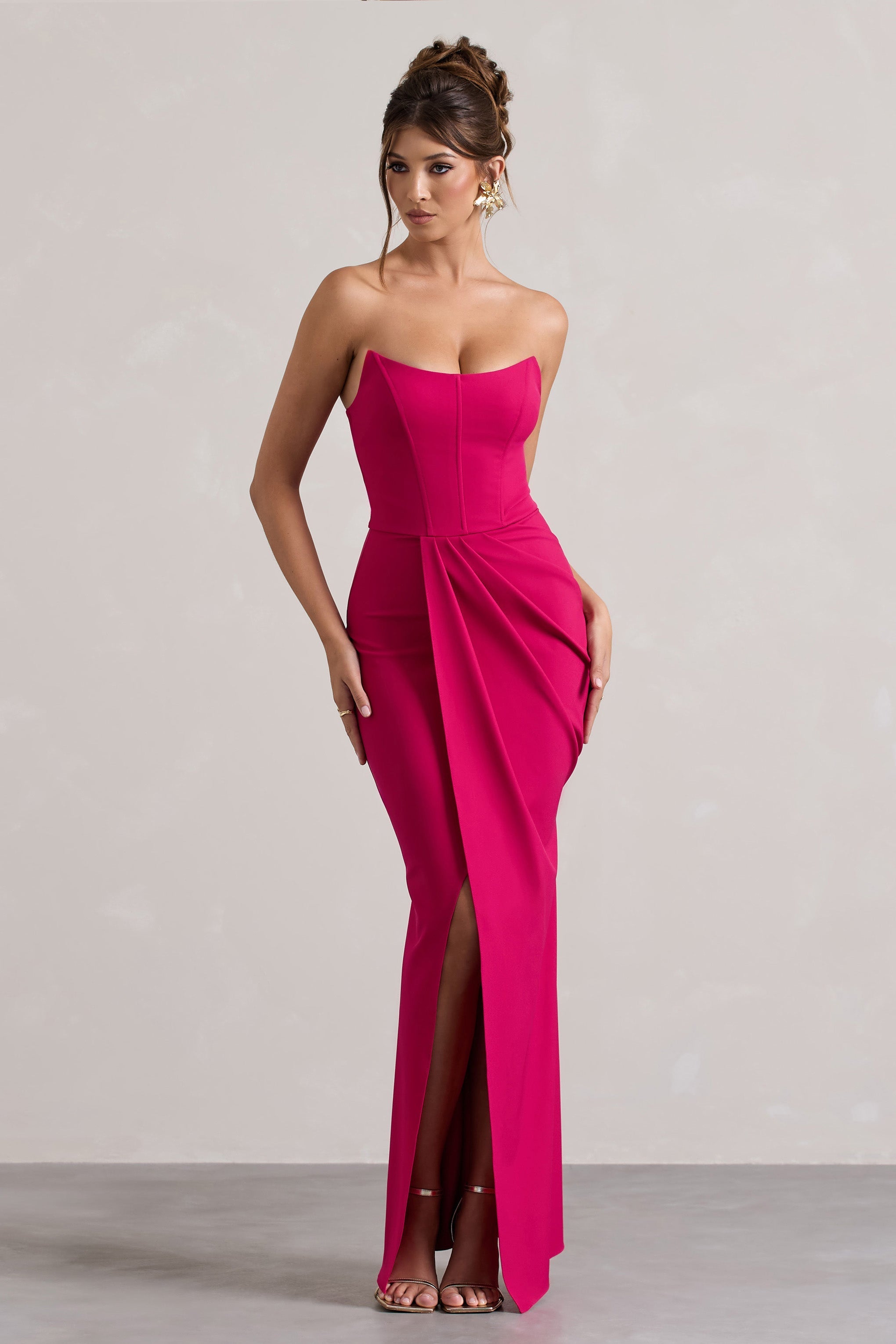 Brigitte Hot Pink Strapless Corset Wrap Maxi Dress
