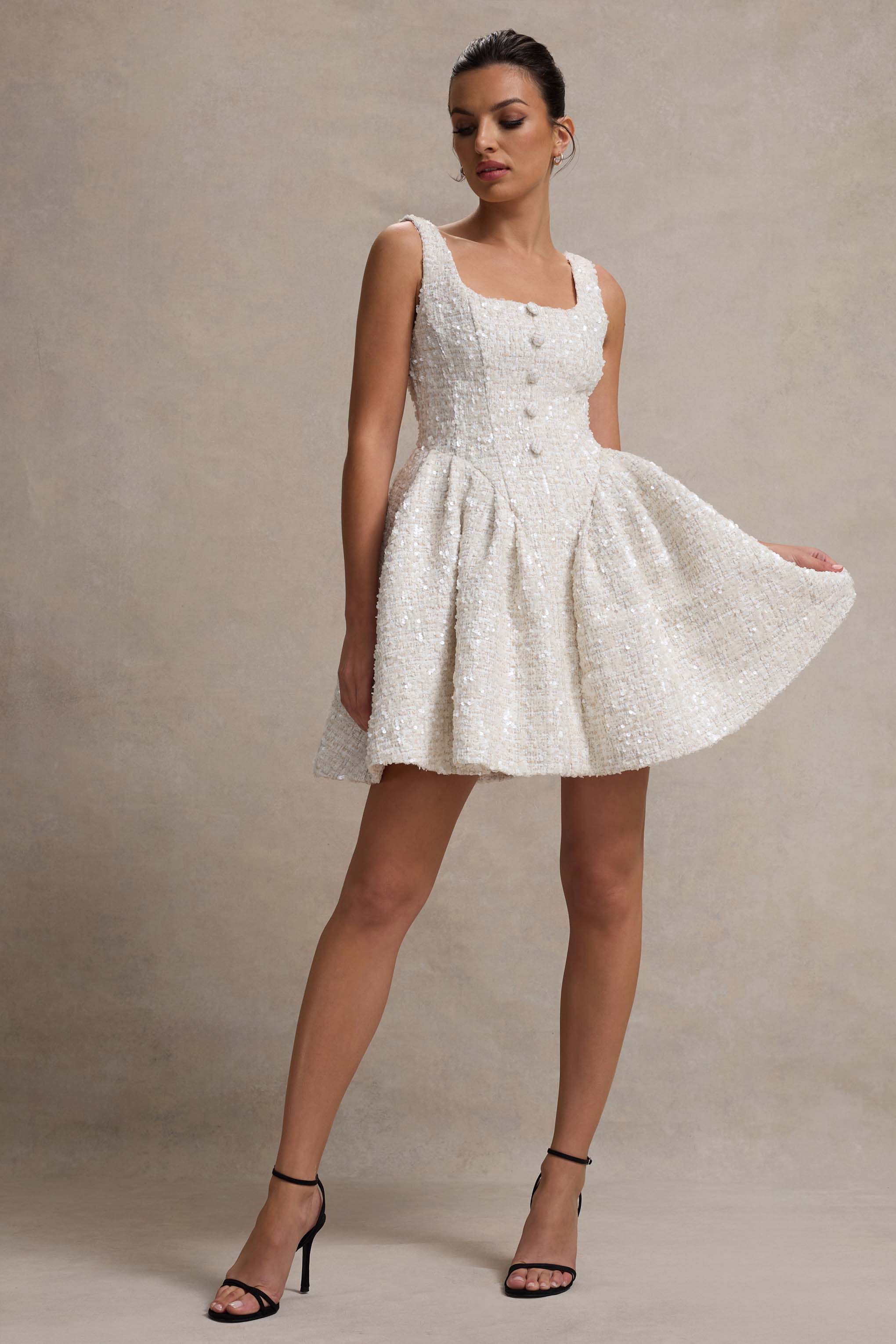 Sugar Plum Cream Boucle Square-Neck Mini Dress