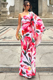 Sarita Pink Floral Print One-Shoulder Cape Sleeve Maxi Dress