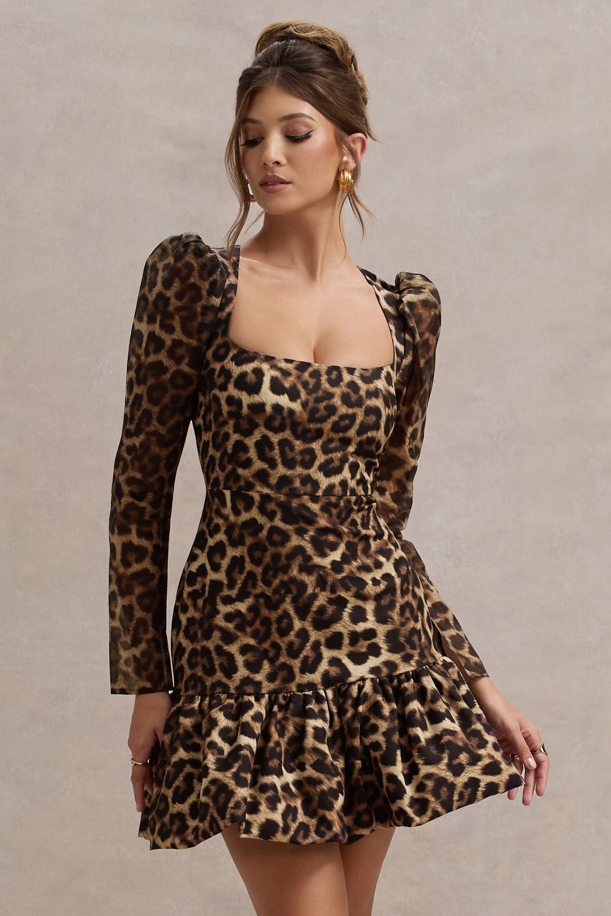 Ombra Leopard Print Square-Neck Long-Sleeve Mini Dress With Ruffle Hem