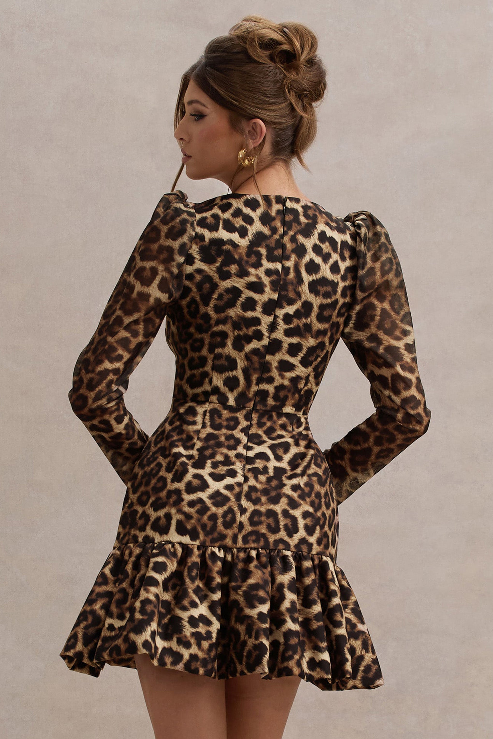 Ombra Leopard Print Square-Neck Long-Sleeve Mini Dress With Ruffle Hem
