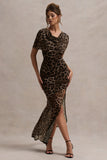 Gomez Leopard Print Mesh Cowl-Neck Split Maxi Dress